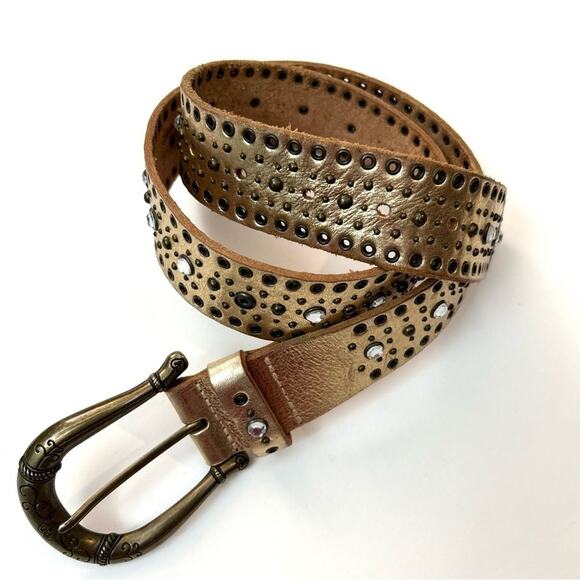 Fossil Gold Metallic Leather Belt, Studded with Rhinestones and Grommets, Size S - Picture 6 of 16